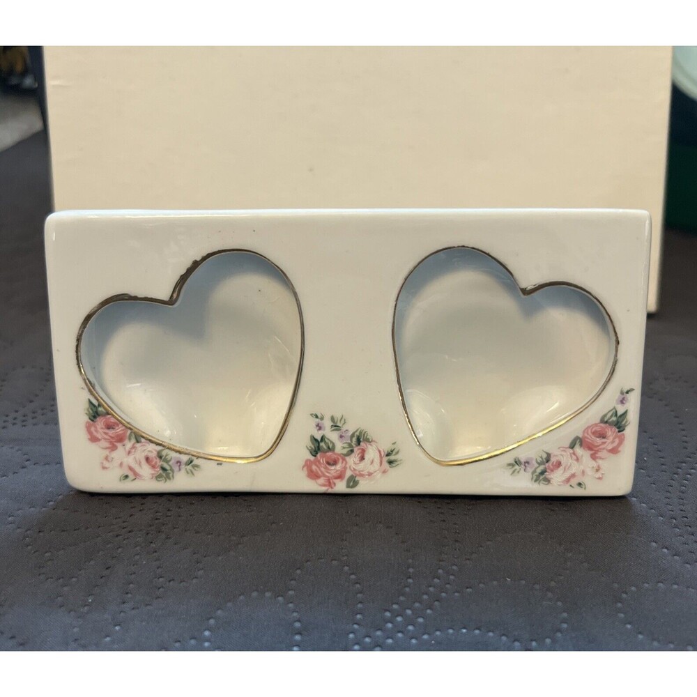 Vintage Porcelain Double Hearts Mini Picture Frame Floral Home Decor Love Gift